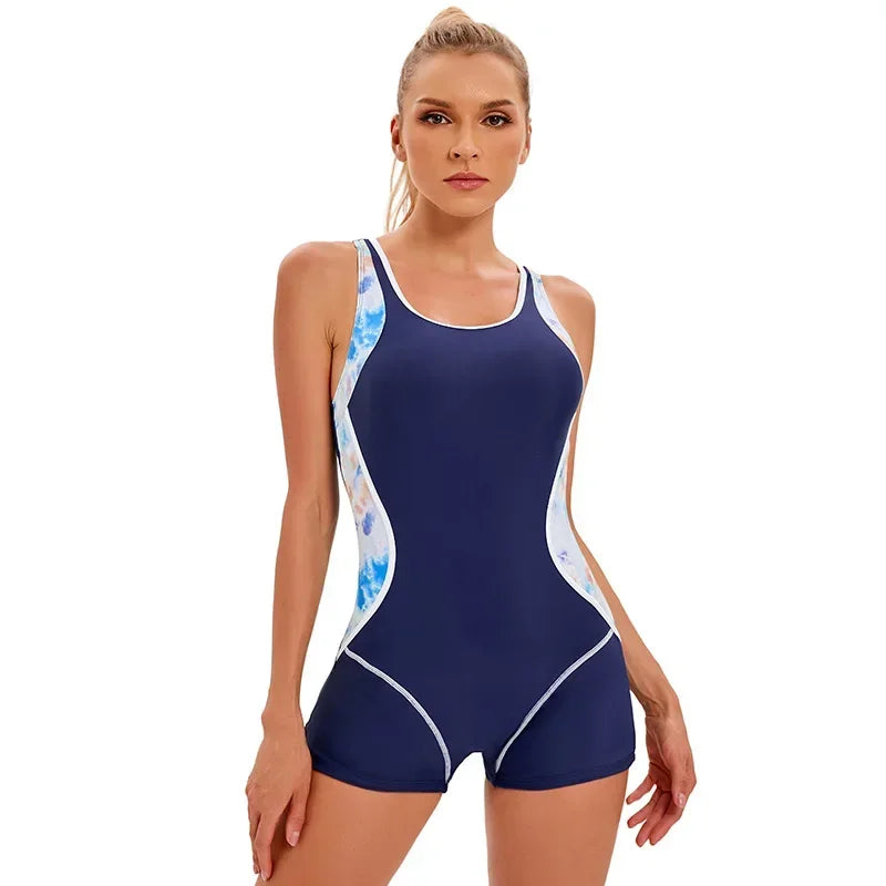 Swimwear- Vibrant Contrast Sporty One-Piece Romper Swimwear- Blue- Chuzko Women Clothing