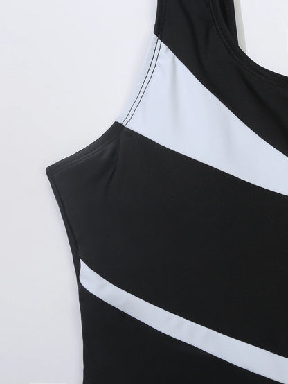 Swimwear- Women's Asymmetric Contrast One-Piece Swimsuit with Wire-Free Support- - Chuzko Women Clothing