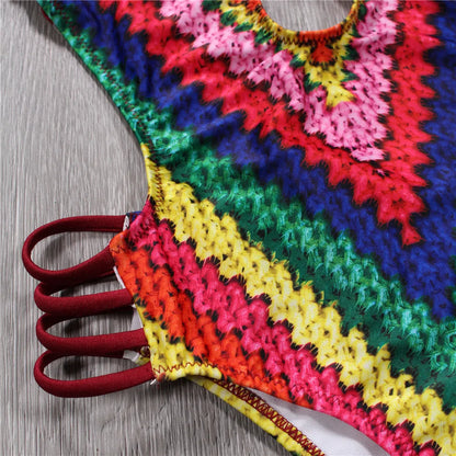 Swimwear- Women's Cutout Monokini with Colorful Print - Rainbow One-Piece Swimsuit- - Chuzko Women Clothing