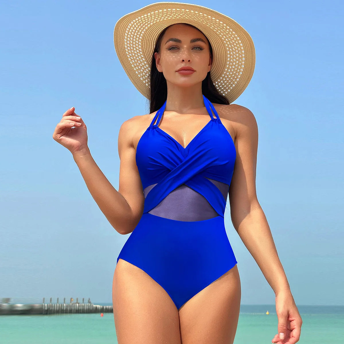 Swimwear- Women's Mesh-Accented Halter Push-Up One-Piece Swimwear- Blue- Chuzko Women Clothing