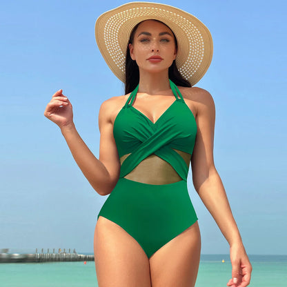 Swimwear- Women's Mesh-Accented Halter Push-Up One-Piece Swimwear- Green- Chuzko Women Clothing