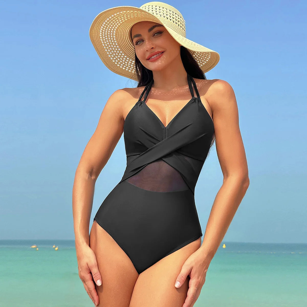 Swimwear- Women's Mesh-Accented Halter Push-Up One-Piece Swimwear- Black- Chuzko Women Clothing