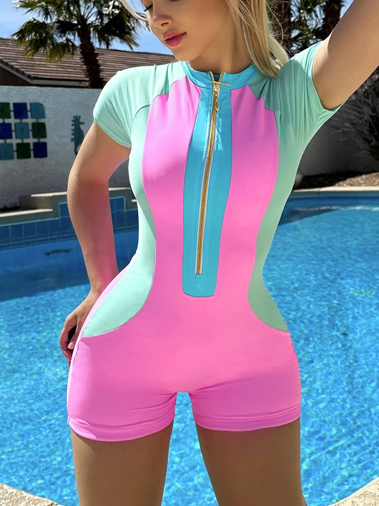 Swimwear- Women's Short Sleeve Zip-Up Romper Swimsuit for Surfing Excursions- - Chuzko Women Clothing