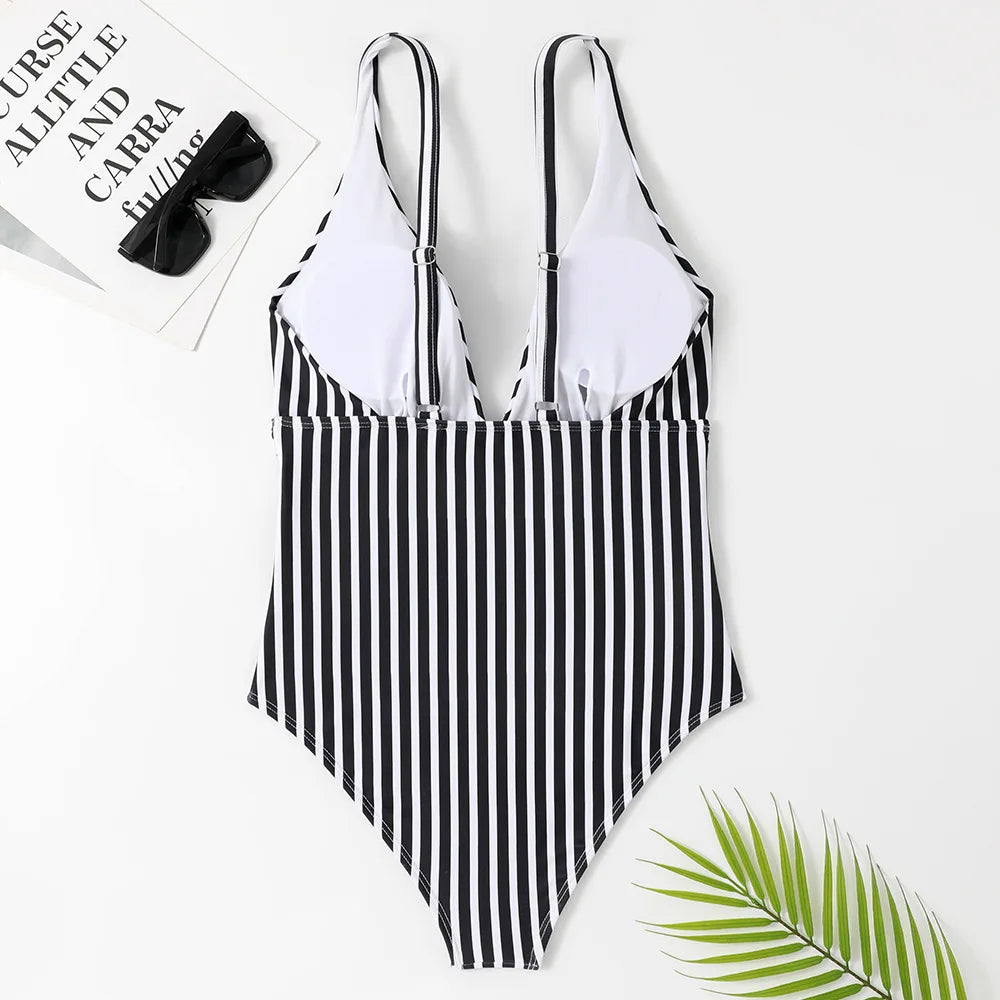 Swimwear- Zebra Stripe Wire-Free Plunge One-Piece Swimwear for Women- - Chuzko Women Clothing