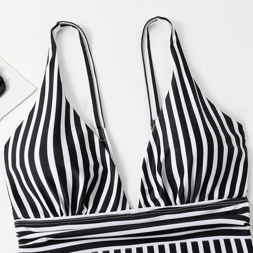 Swimwear- Zebra Stripe Wire-Free Plunge One-Piece Swimwear for Women- - Chuzko Women Clothing
