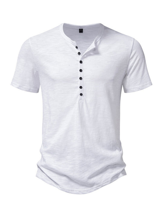 Tees- Men's Short Sleeve Solid Henley T-Shirt- White- Chuzko Women Clothing