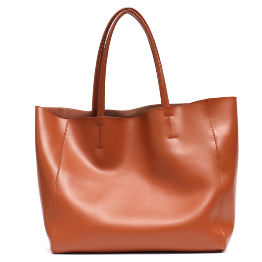 Tote Bags- Versatile Genuine Leather Tote Bag - Office to Outing- Tan- Chuzko Women Clothing