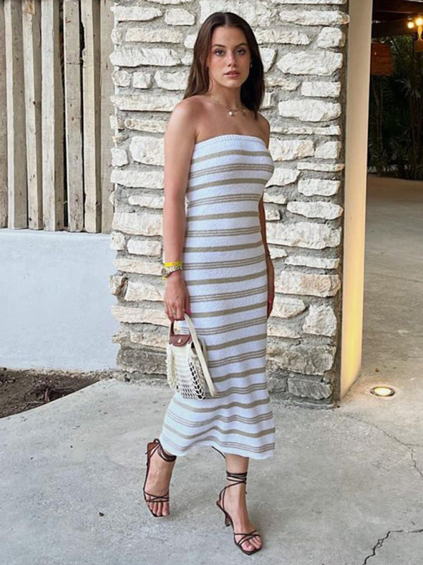 Tube Dresses- Vacation Bandeau Tube Maxi Dress in Textured Stripes- - Chuzko Women Clothing