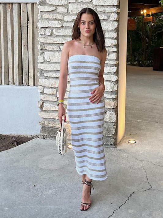 Tube Dresses- Vacation Bandeau Tube Maxi Dress in Textured Stripes- White- Chuzko Women Clothing
