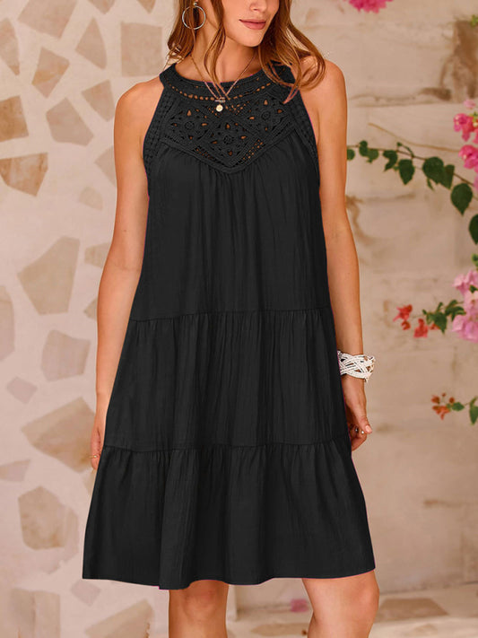 Tunic Dresses- Solid Sleeveless Tunic Tiered Dress with Embroidered Panel- Black- Chuzko Women Clothing