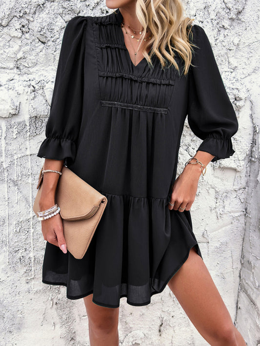 Tunic Dresses- Summer Solid V-Neck Ruffle Tunic Dress with 3/4 Sleeves- Black- Chuzko Women Clothing