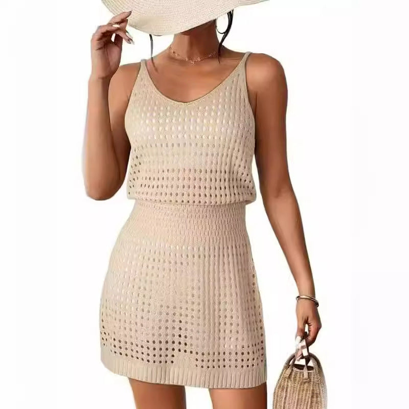 Vacation Dresses- Crochet Cover-Up - Summer Blouson Dress for Chic Beach Looks- Apricot Sling Dress- Chuzko Women Clothing