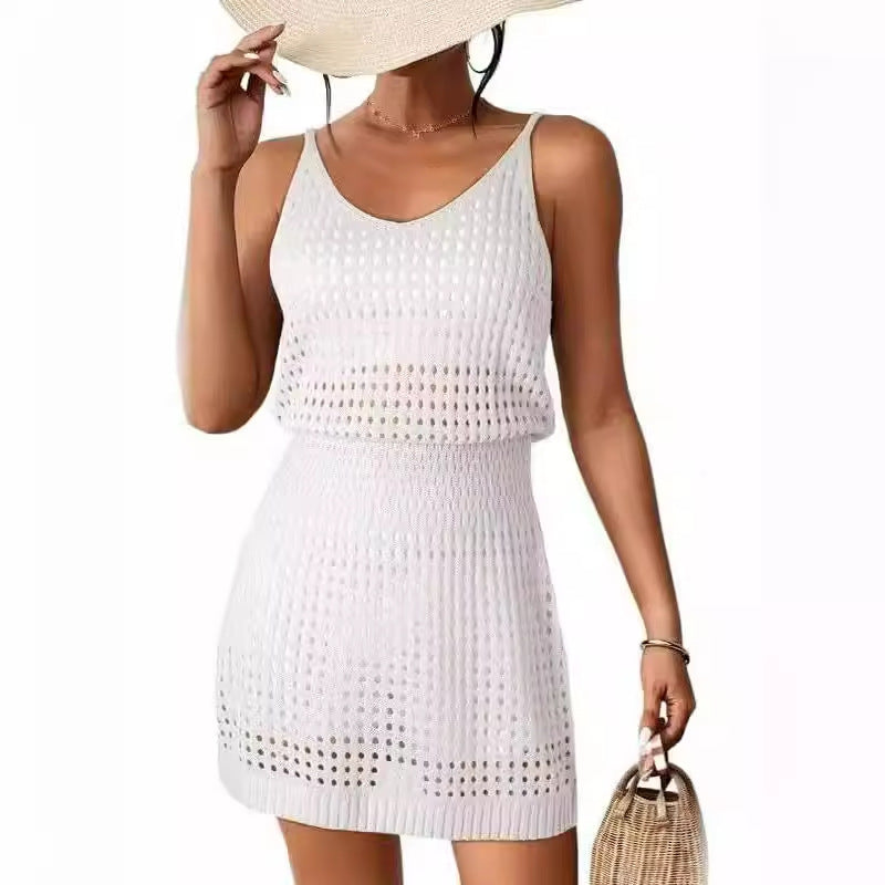 Vacation Dresses- Crochet Cover-Up - Summer Blouson Dress for Chic Beach Looks- White Suspender Dress- Chuzko Women Clothing