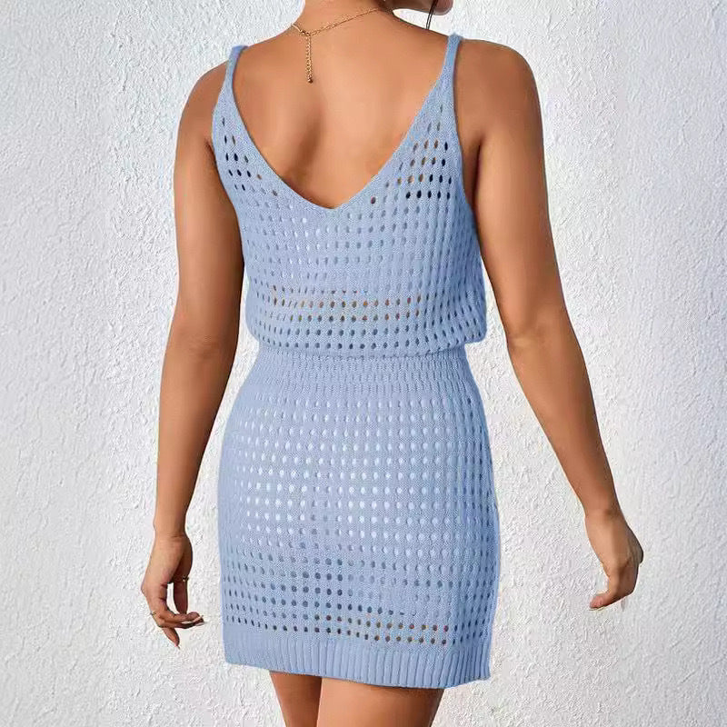 Vacation Dresses- Crochet Cover-Up - Summer Blouson Dress for Chic Beach Looks- - Chuzko Women Clothing