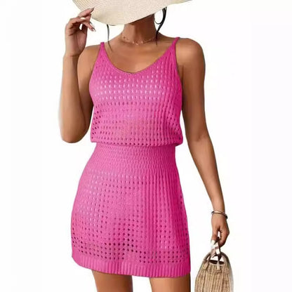 Vacation Dresses- Crochet Cover-Up - Summer Blouson Dress for Chic Beach Looks- Rose Red Sling Dress- Chuzko Women Clothing