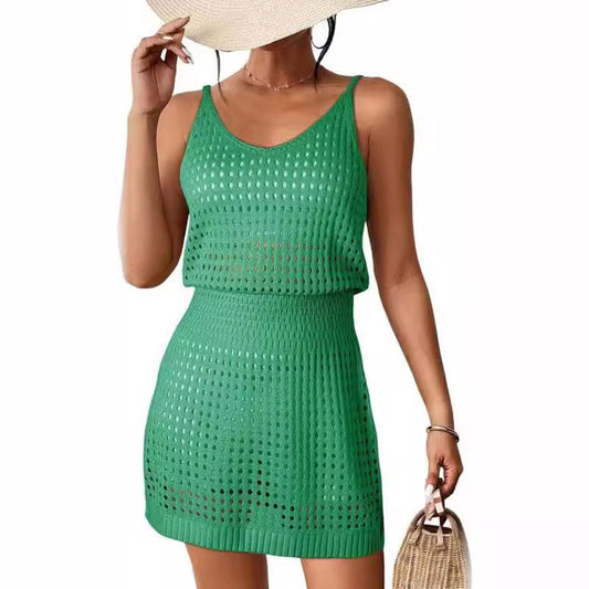 Vacation Dresses- Crochet Cover-Up - Summer Blouson Dress for Chic Beach Looks- Dark Green Sling Dress- Chuzko Women Clothing