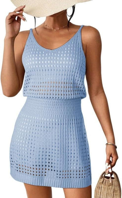 Vacation Dresses- Crochet Cover-Up - Summer Blouson Dress for Chic Beach Looks- Light Blue Sling Dress- Chuzko Women Clothing