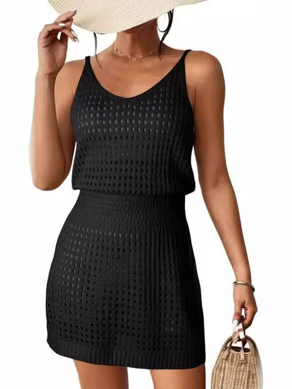 Vacation Dresses- Crochet Cover-Up - Summer Blouson Dress for Chic Beach Looks- Black Camisole Dress- Chuzko Women Clothing