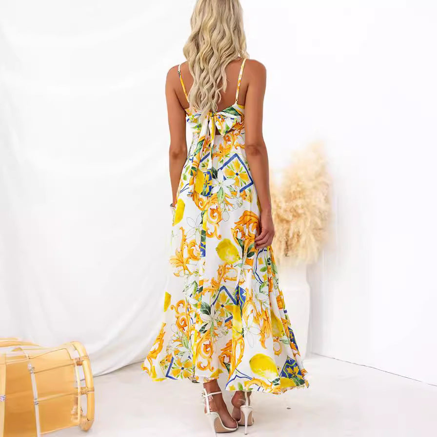 Vacation Dresses- Floral Yellow Print Cami Maxi Dress for Garden Parties- - Chuzko Women Clothing