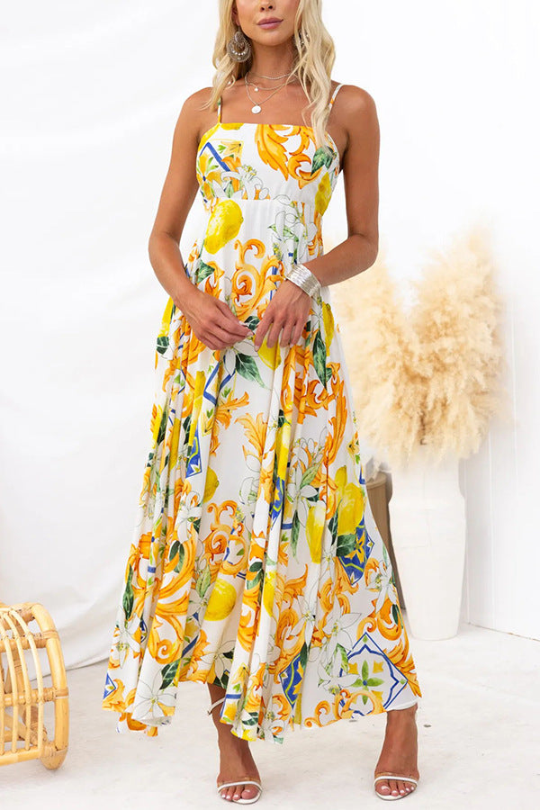 Vacation Dresses- Floral Yellow Print Cami Maxi Dress for Garden Parties- Yellow- Chuzko Women Clothing