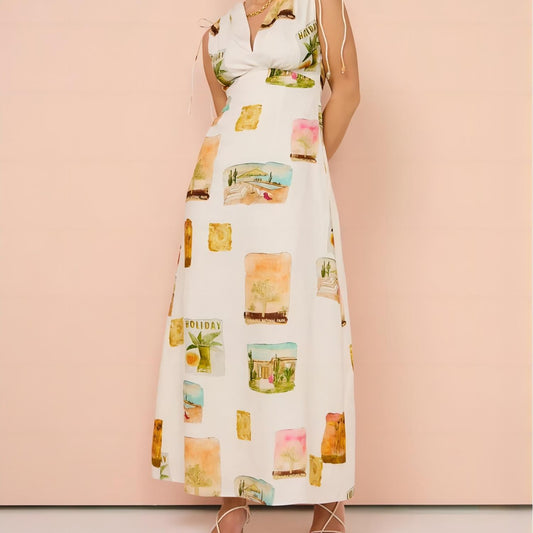 Vacation Dresses- Holiday Sleeveless V-Neck Maxi Dress for Garden Parties in Linen- - Chuzko Women Clothing