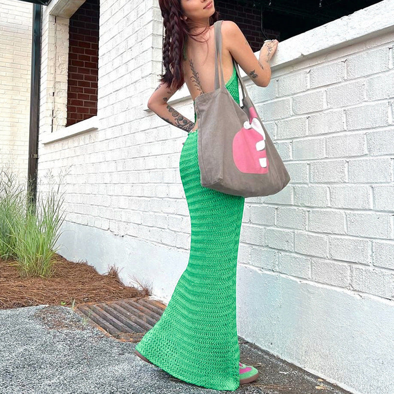 Vacation Dresses- Open Knitting Halter Backless Maxi Dress for Summer- - Chuzko Women Clothing