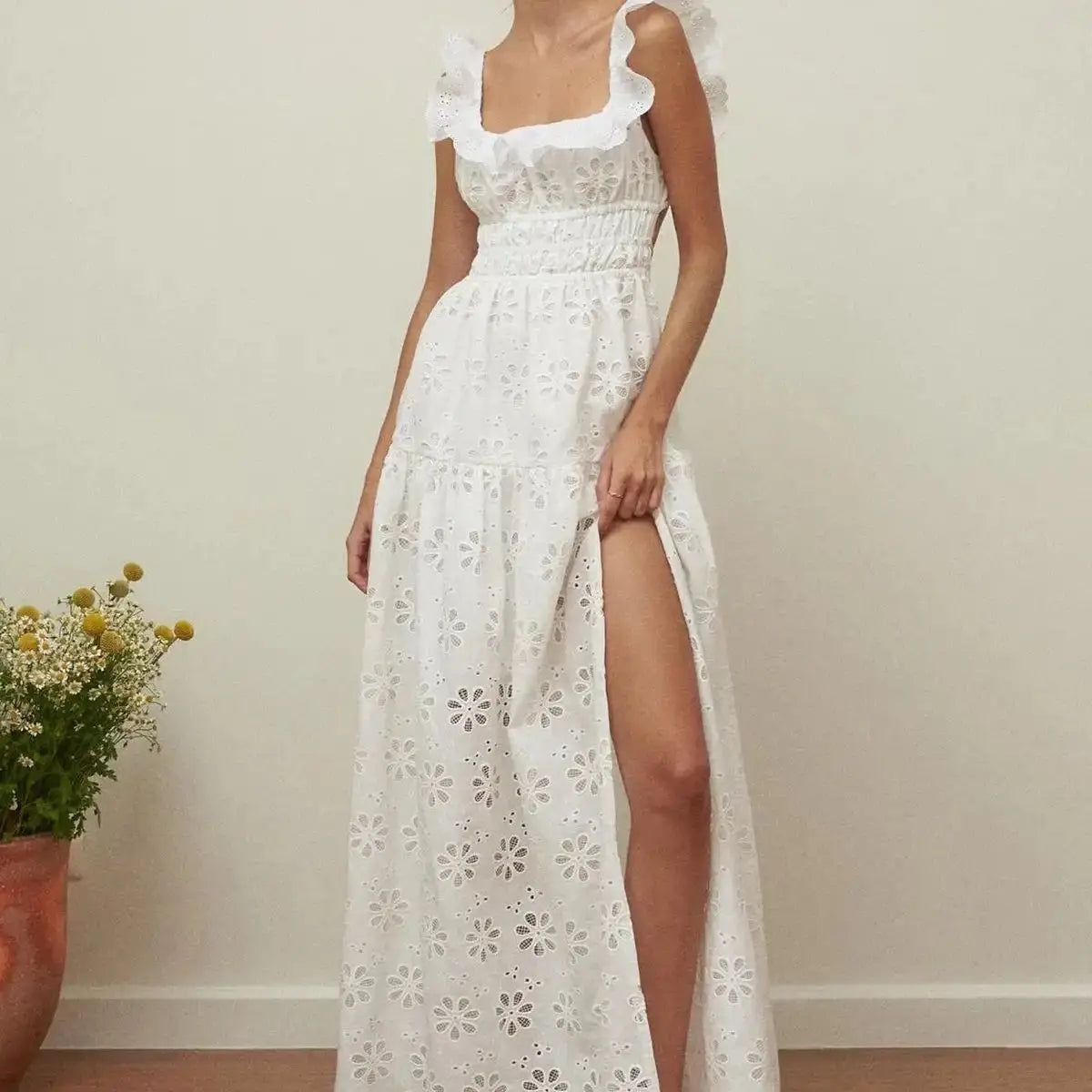 Vacation Dresses- Summer Romance Women's Fit & Flare Embroidered Midi Dress for Garden Parties- Slit Dress- Chuzko Women Clothing
