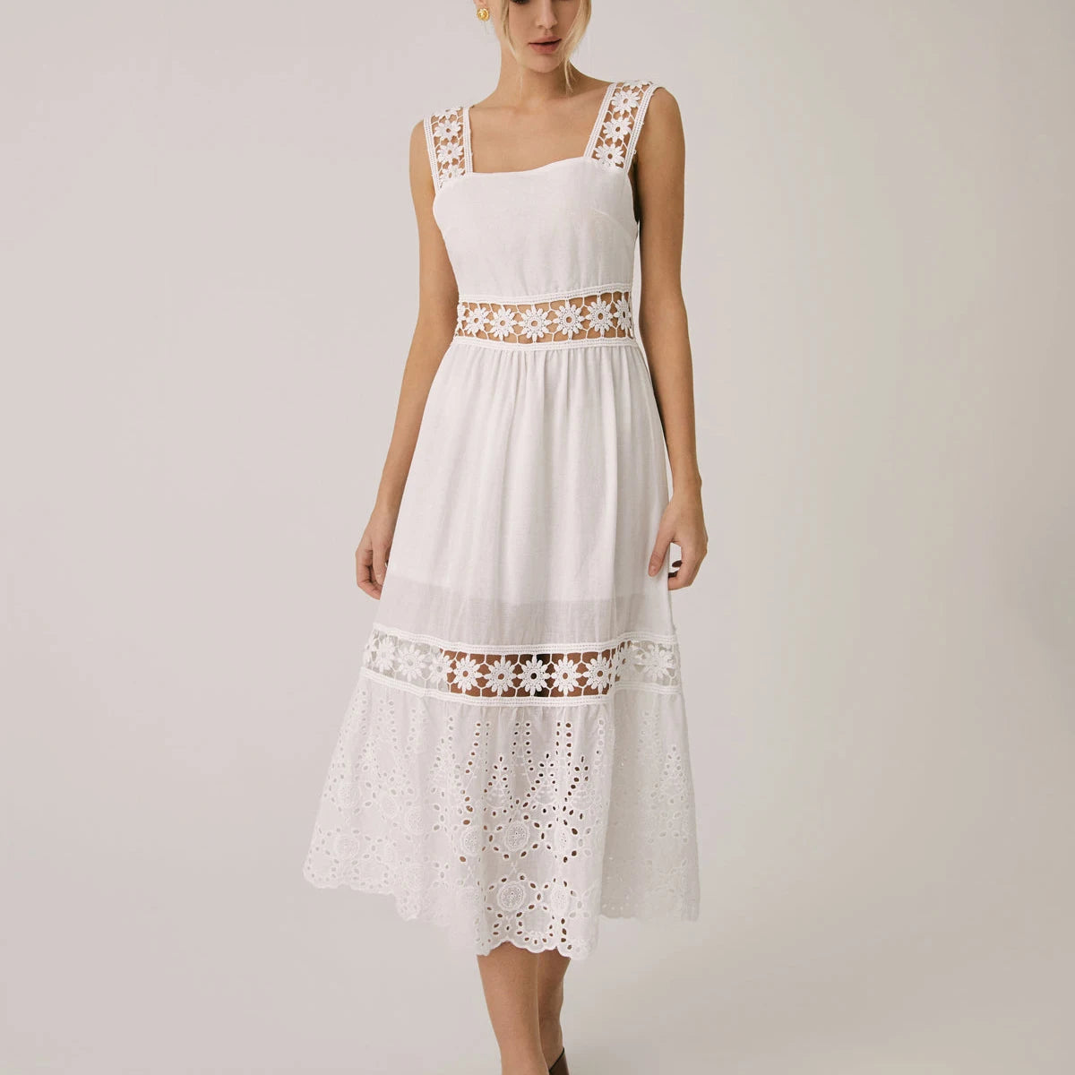 Vacation Dresses- Summer Romance Women's Fit & Flare Embroidered Midi Dress for Garden Parties- Embroidered Dress- Chuzko Women Clothing