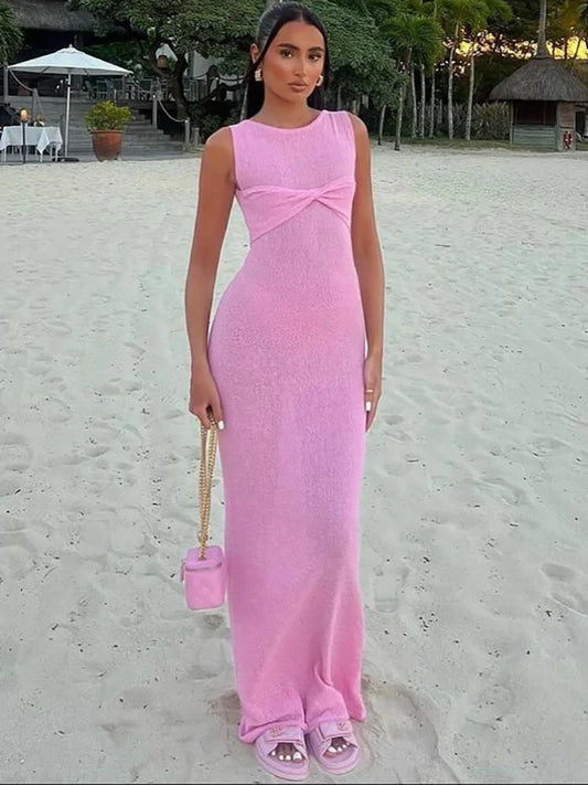Vacation Dresses- Textured See-Through Body-Hugging Maxi Dress - Mermaid-Inspired- Pink- Chuzko Women Clothing