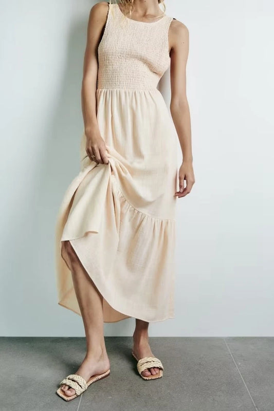 Vacation Dresses- Vacation A-Line Tiered Backless Maxi Dress with Smocked Bodice in Cotton- Beige- Chuzko Women Clothing