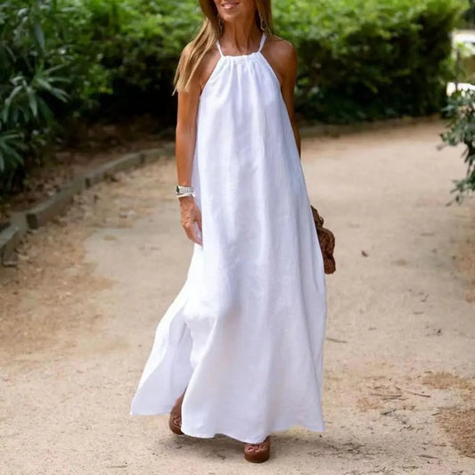 Vacation Dresses- Vacation Halterneck Tunic Maxi Dress in Solid Cotton- - Chuzko Women Clothing