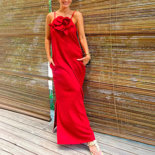Vacation Dresses- Vacation Tunic Halterneck Midi Dress with Slits & Pockets- Red- Chuzko Women Clothing
