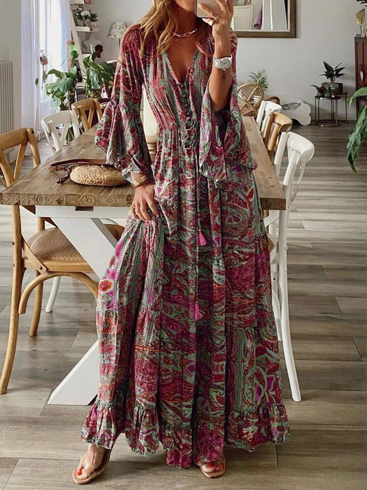 Vacation Dresses- Vacation Tunic Tie-Waist Maxi Dress with Flounce Sleeves for Summer- Red- Chuzko Women Clothing