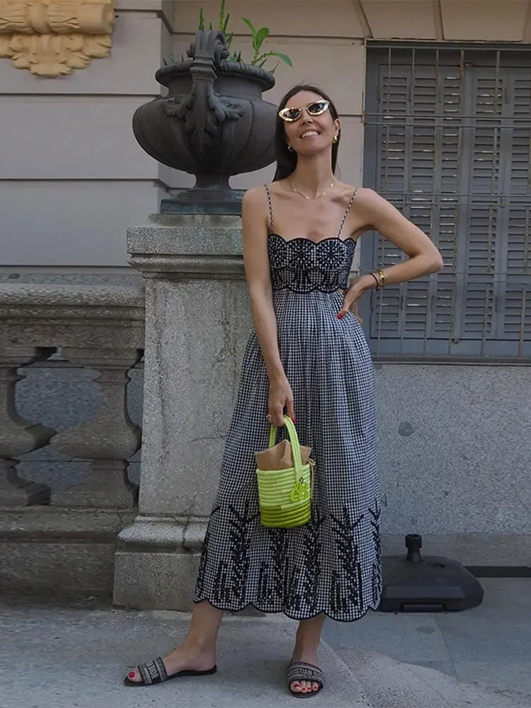 Vacation Dresses- Vacation Women's Plaid Cutout Midi Dress for Summer Escapes- Plaid- Chuzko Women Clothing