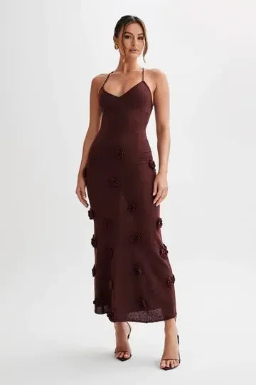 Vacation Dresses- Wedding Day Women's Backless Floral Appliqué Gown Dress for Summer- Dark Brown- Chuzko Women Clothing