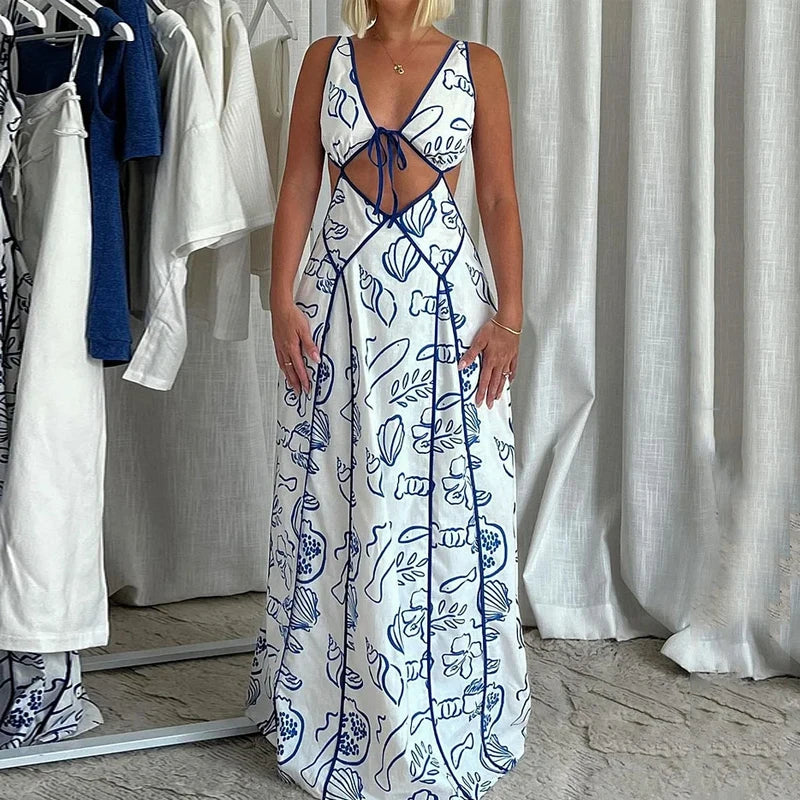 Vacation Dresses- Women's Blue Print Backless Maxi Dress for Summer- - Chuzko Women Clothing