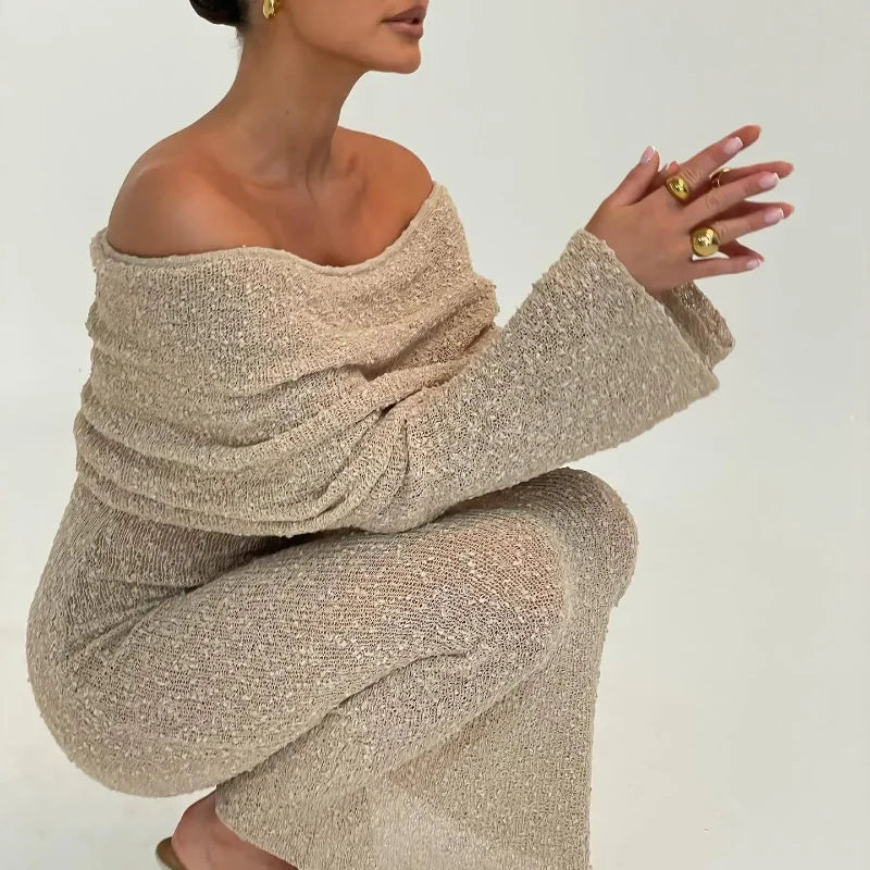 Vacation Dresses- Women's Body-Hugging Off-Shoulder Maxi Dress with Long Sleeves in Textured- - Chuzko Women Clothing