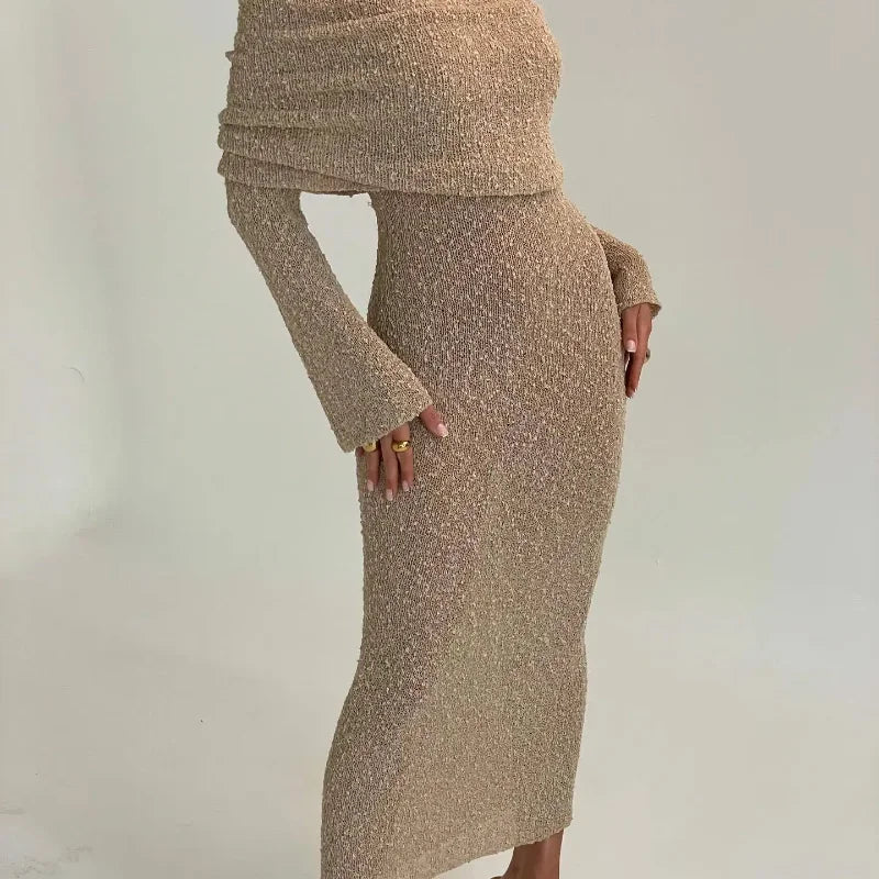 Vacation Dresses- Women's Body-Hugging Off-Shoulder Maxi Dress with Long Sleeves in Textured- - Chuzko Women Clothing