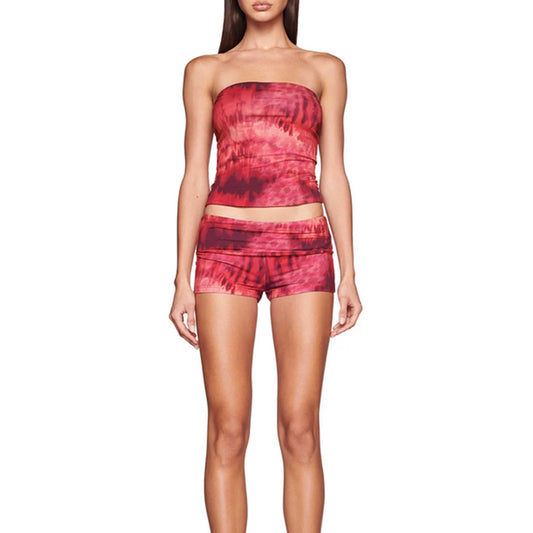 Vacation Outfit Set- Abstract Print 2-Piece Summer Outfit - Tube Top & Shorts- Red- Chuzko Women Clothing