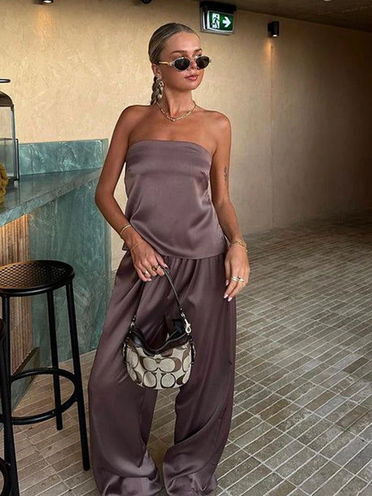 Vacation Outfit Set- Luxe Satin Duo Wide-Leg Pants & Strapless Backless Top- - Chuzko Women Clothing
