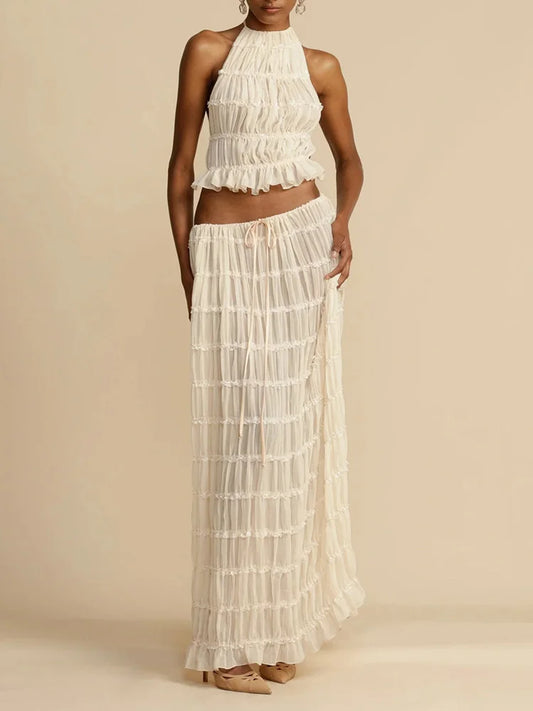 Summer See-Through 2 Piece Vacation Set - Backless Top & Tiered Maxi Skirt