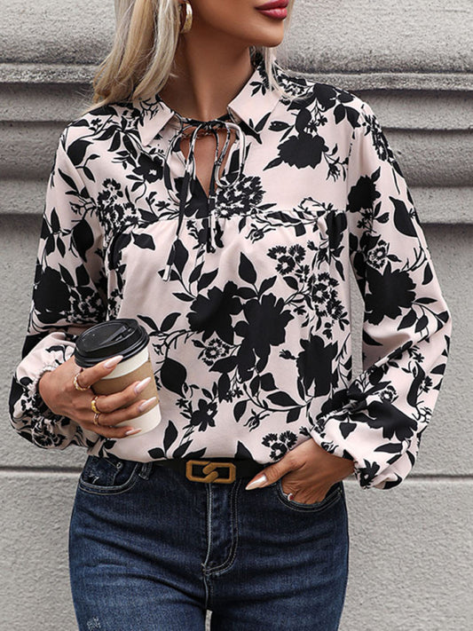 Blouses- Collared V-Neck Blouse in Long Sleeve Floral Print- Chuzko Women Clothing