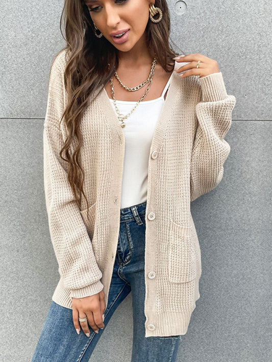 Cardigans- Waffle Knitting Button-Up Mid-Length Sweater - Essential Relax Fit Cardigan- Chuzko Women Clothing