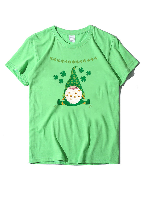 Cotton Tees- Shamrock Short Sleeve Leprechaun Print T-Shirt for Women St. Patrick's Day- Fruit green- Chuzko Women Clothing