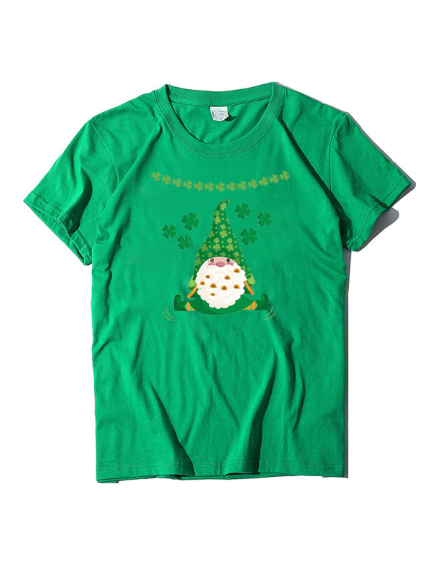 Cotton Tees- Shamrock Short Sleeve Leprechaun Print T-Shirt for Women St. Patrick's Day- Grass green- Chuzko Women Clothing