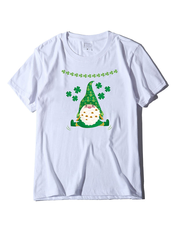 Cotton Tees- Shamrock Short Sleeve Leprechaun Print T-Shirt for Women St. Patrick's Day- White- Chuzko Women Clothing