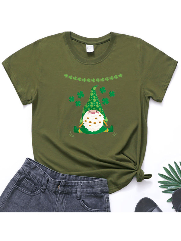 Cotton Tees- Shamrock Short Sleeve Leprechaun Print T-Shirt for Women St. Patrick's Day- Olive green- Chuzko Women Clothing