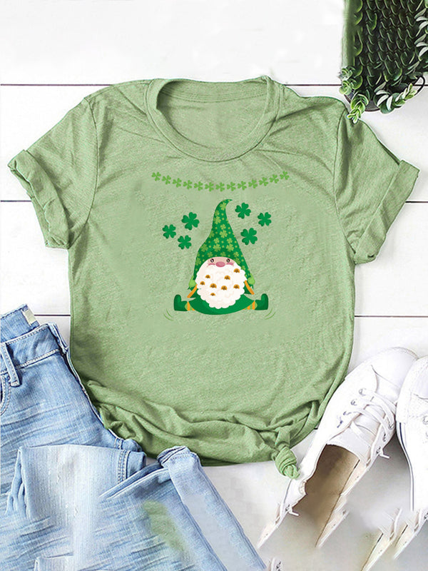 Cotton Tees- Shamrock Short Sleeve Leprechaun Print T-Shirt for Women St. Patrick's Day- Pale green- Chuzko Women Clothing