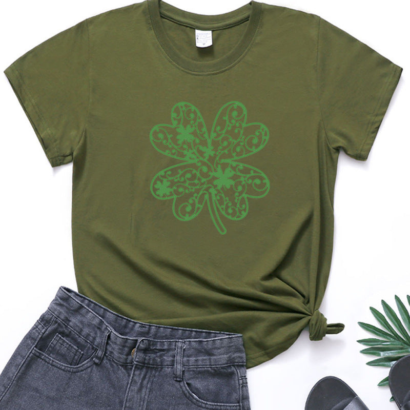 Cotton Tees- St. Paddy's Day in Women's Cotton Tee with Lucky Four-leaf Clover Print- Olive green- Chuzko Women Clothing