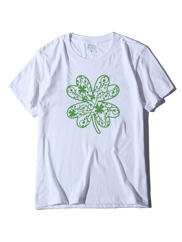 Cotton Tees- St. Paddy's Day in Women's Cotton Tee with Lucky Four-leaf Clover Print- White- Chuzko Women Clothing